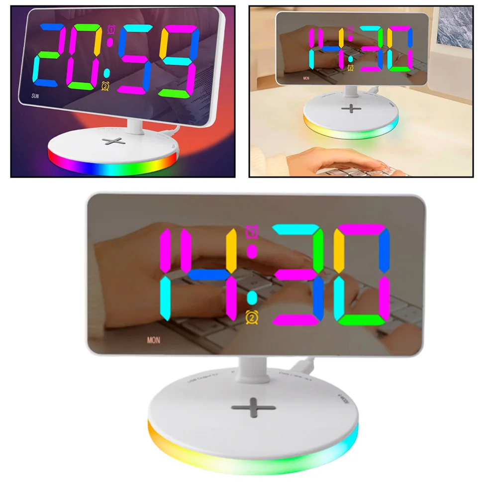 

Desktop Electronic Clock 17.5*11.5*11cm RGB Mirror Alarm Clock Night Mode Snooze Function USB Output 5W To 15W Charging