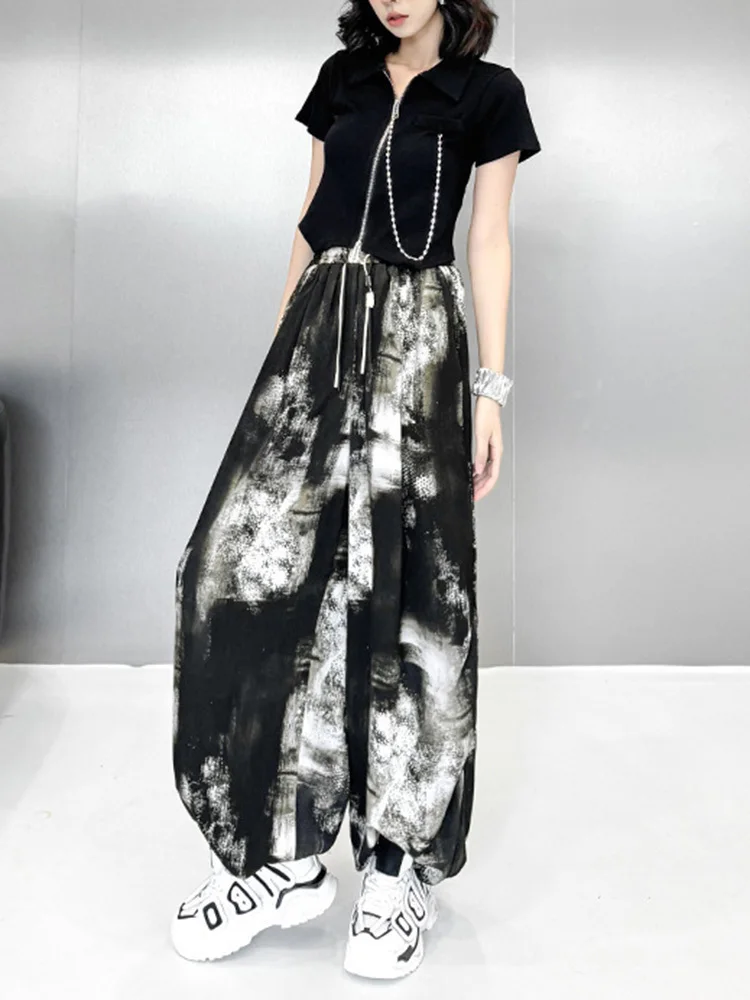 [EAM] High Elastic Waist Black Tie Dye Long Drawstring Wide Leg Pants New Trousers Women Fashion Tide Spring Autumn 2024 1DH6625