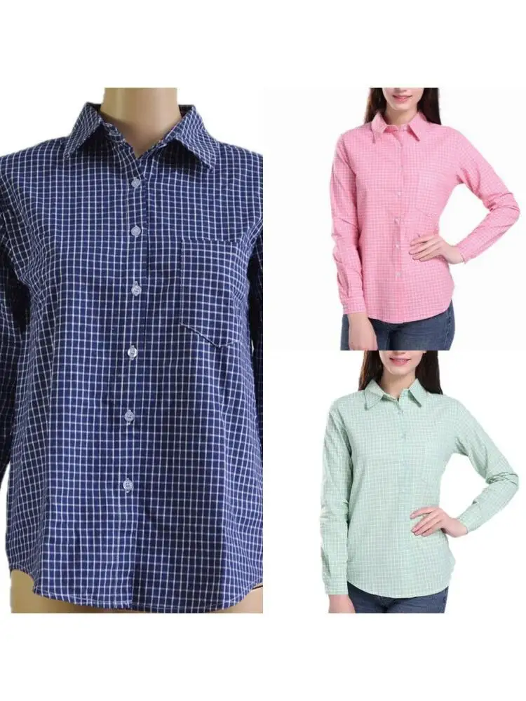 Women Cotton Blouse Plaid Long Sleeve Shirts Spring Formal Blouses Turn Down Collar Lady's Office Top