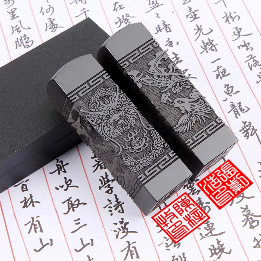 Custom Japanese Stamp Solid Wood Dragon Phoenix Carved Hanko Name Seal Signature Chop Gift Case