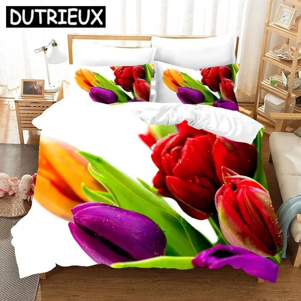 Pink Tulip Elegant Flower Scenery Supplies Set Duvet Cover Set Bedding Sets For Adults Bed Pillowcases No Filling Birthday Gifts