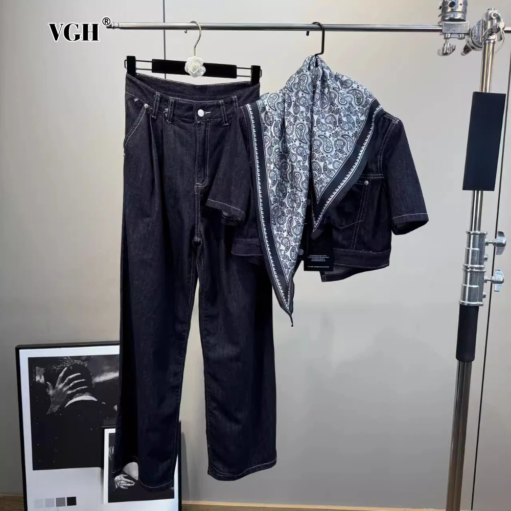 

VGH Vintage Two Piece Set for Women Lapel Short Sleeve Top with Silk Scarf High Waist Straight Pants Holiday Style Suit Female