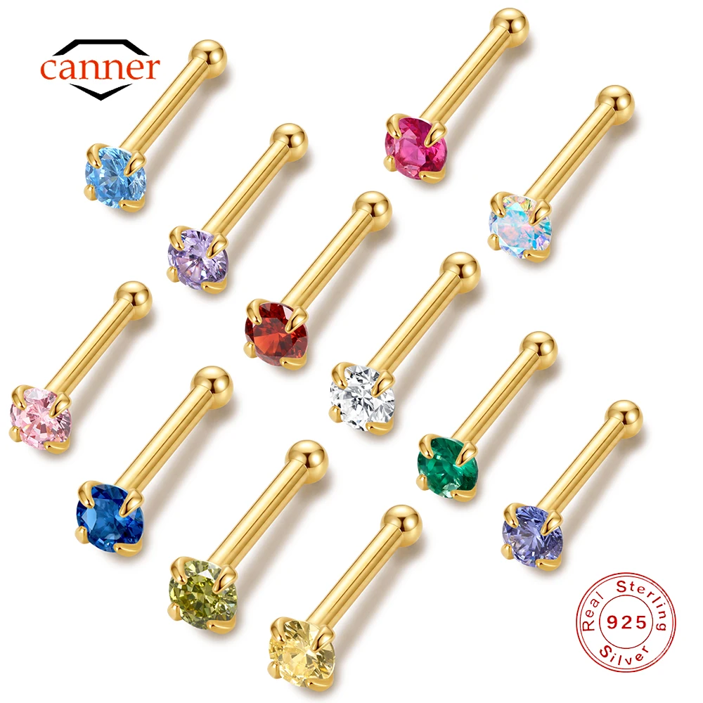 CANNER 1PC 925 Sterling Silver Four Claws Colorful 3mm CZ Piercing Earring for Women 18K Gold Plated Classic Body Jewelry Gift