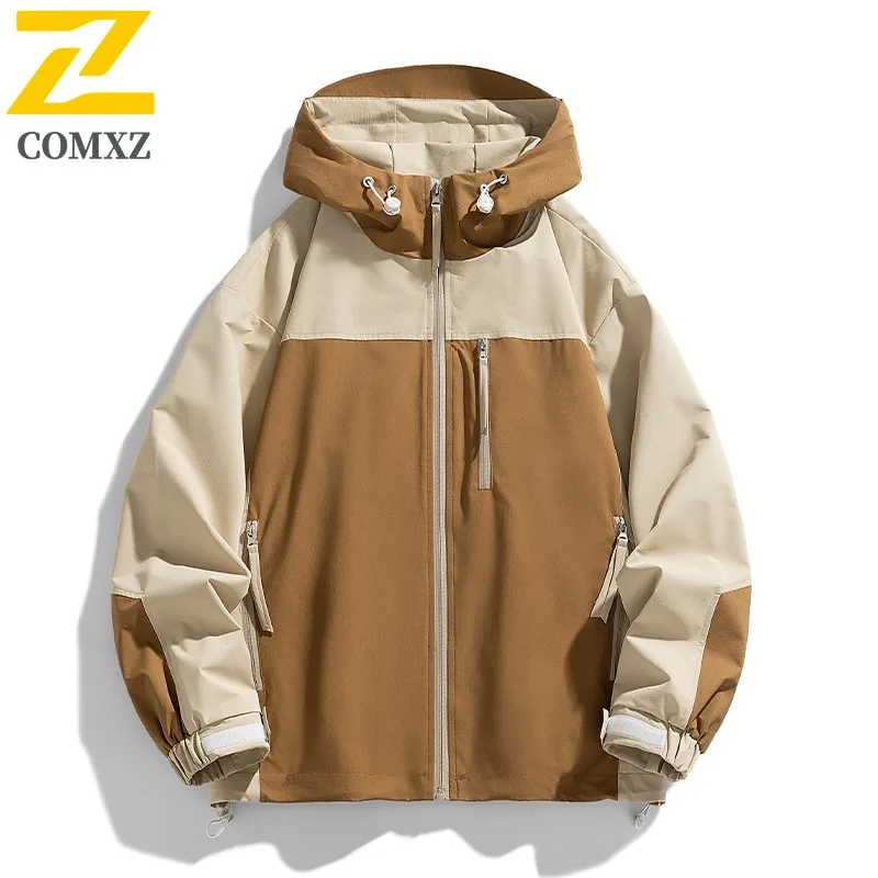

COMXZ Мужская куртка 2025 с капюшоном и воротником в стиле приключений, легкая ветровка для отдыха, пешего туризма, путешествий, осеннее пальто
