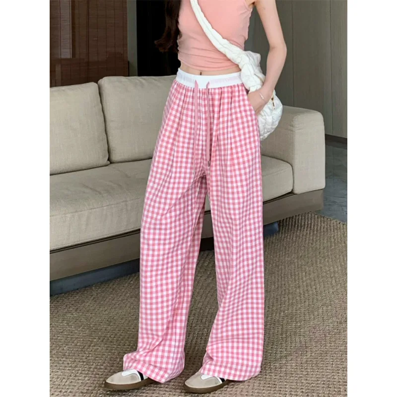 Summer Thin Blue Lattice Pant Women Korean Quick Drying Straight Casual Pants Baggy Elastic Waist Wide Leg Trousers Female 2024