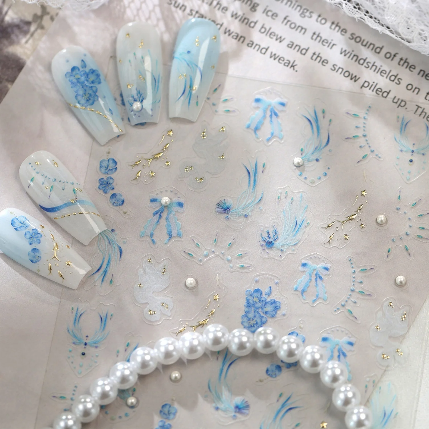 Farbverlauf Blaue Feder Blüten Ranken Schleife Perle Feine Linie Blaue Hortensie Neue Chinesische 5D Nagelaufkleber Selbstklebend Retro Maniküre