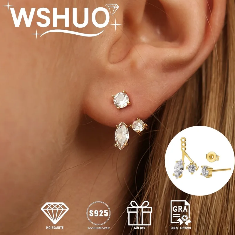 

WSHUO 3,2Cttw серьги-гвоздики с муассанитом для женщин, стерлинговое серебро S925, двойные серьги-гвоздики с бриллиантами, модные изящные ювелирные изделия