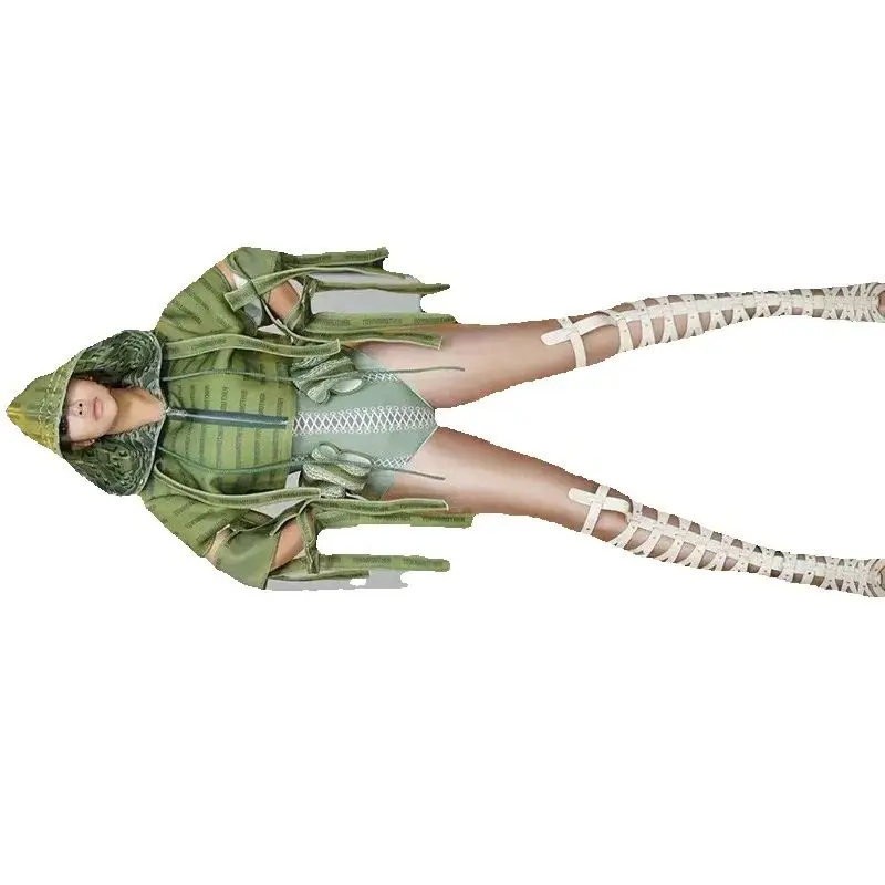 

Event outfit Sexy Green Military Uniform Costume Spandex Leotard Jacket Nightclub Outfit Women's Singer Dance bodycon