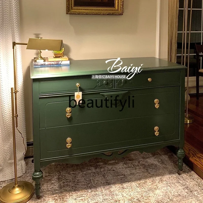 French Retro Entryway Storage Cabinet Light Luxury High-End Feel Living Room Solid Wood Chest of Drawers Storage Cabinet