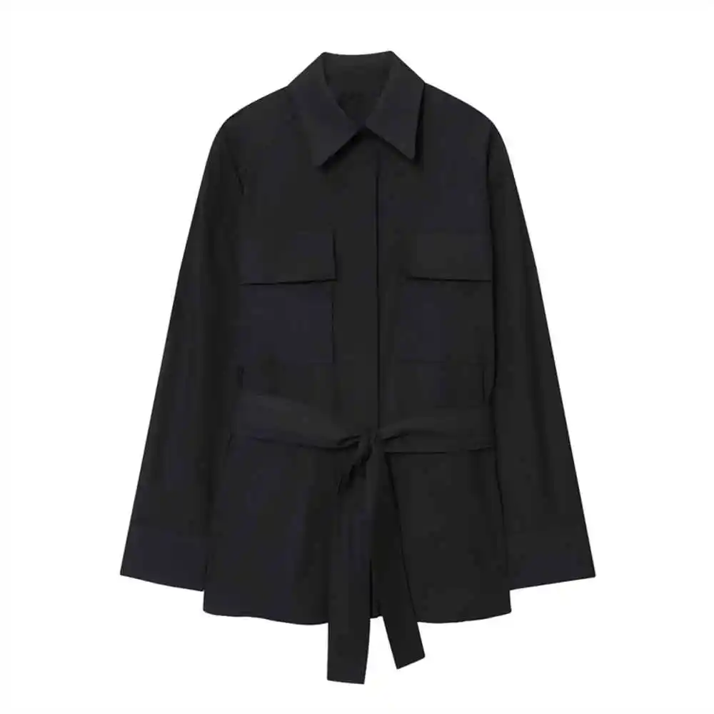 's nieuwe damesmode casual revers shirt met lange mouwen en riemdecoratie ontwerp gevoel, veelzijdig shirtjack