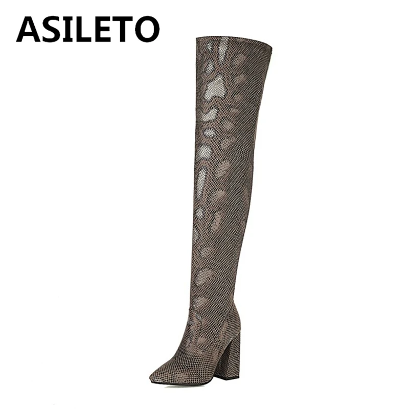 ASILETO Women Boots Over Knee 61cm Chunky Heels 10.5cm Pointed Toe Zipper Flock Big Size 33 45 46 48 Green Black