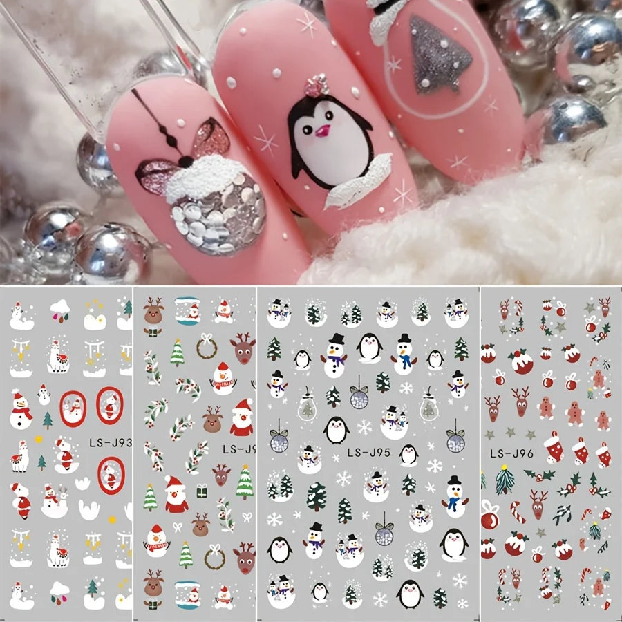 4 Stück Weihnachts-Nagelaufkleber – selbstklebende, glänzende Nagelkunst-Abziehbilder, Weihnachtsmann, Schneemänner, Bäume – dekorative Nägel, Party-Goers