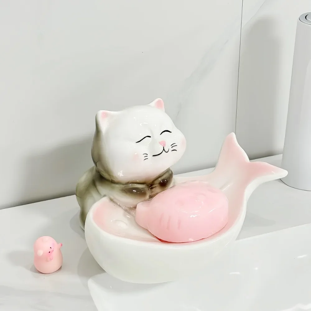 

Cute Cat Ceramic Soap Box Drain Household Cartoon Bathroom Bath Soap Box Soap Dish Ceramic Shelf Bathroom Decoration Accessories