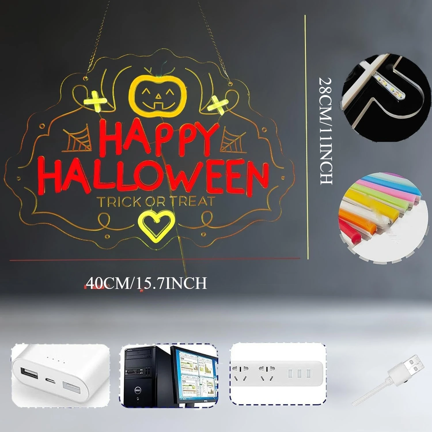 Halloween-neonbord, pompoenvorm met 'HAPPY HALLOWEEN'-belettering, LED-neonlicht feestdecoratie voor thuisbar spookhuis