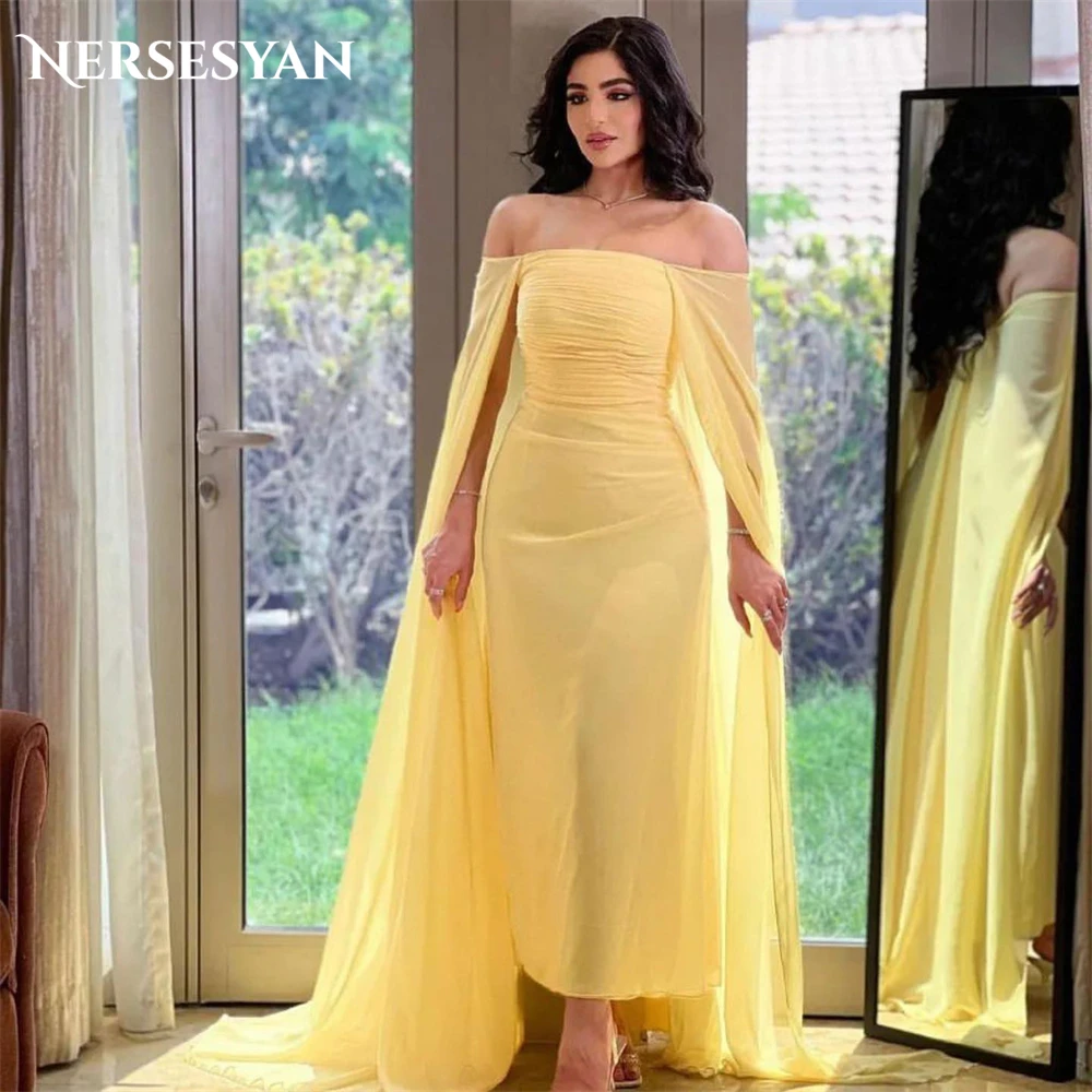 

Nersesyan Yellow Dubai Evening Dresses For Wedding Off Shoulder Ankle Length Prom Dress Cape Sleeves Backless Party Gowns 2024