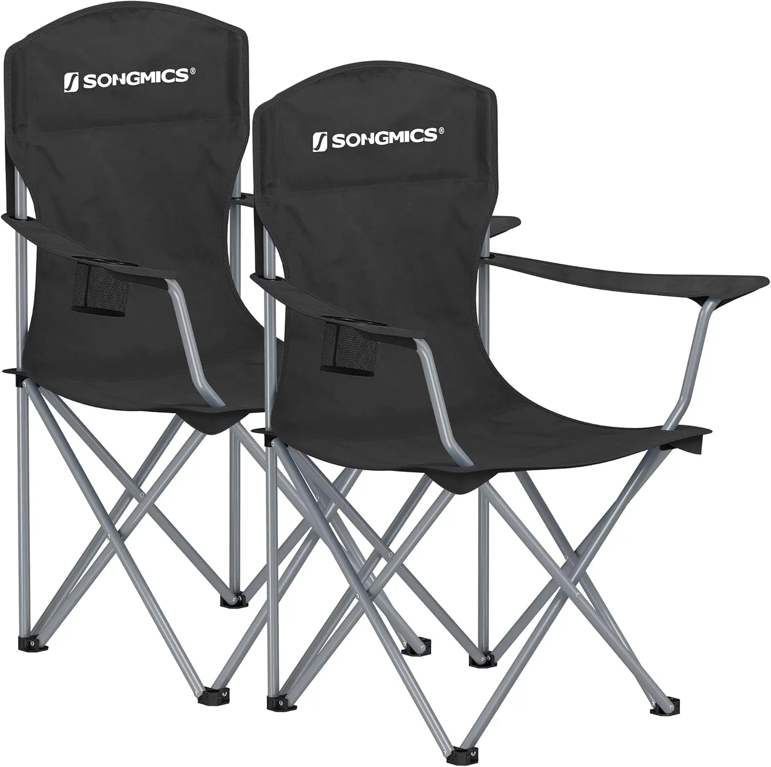 Sillas de Camping, Juego de 2 Sillas de Exterior, Respaldo Alto, Apoyabrazos, Bolsillo para Tazas, Portátil, Plegable