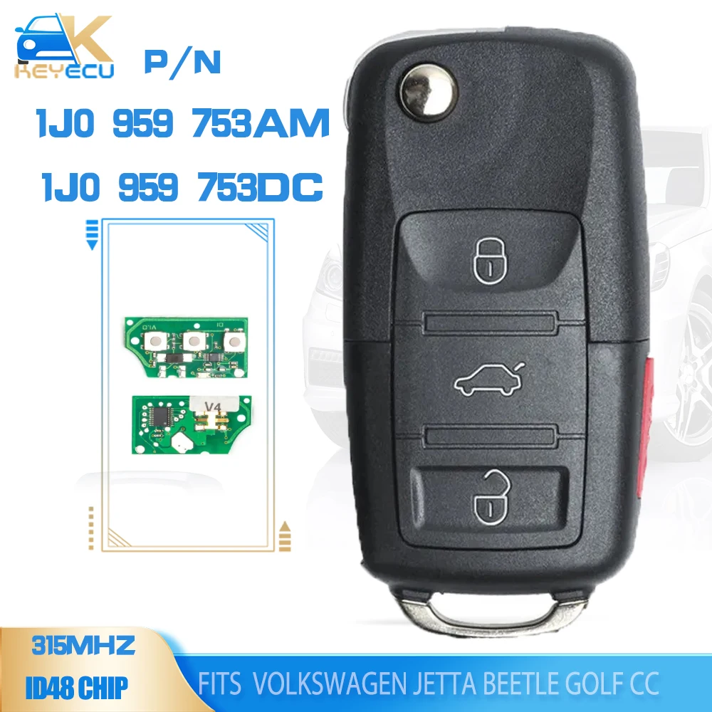EllYECU-Clé à distance rabattable, puce ID48 pour Volkswagen Jetta Beetle Golf CC, 1J0959753AM, 1J0959753DC, 3 + 1B, 315MHz, 2000-2009
