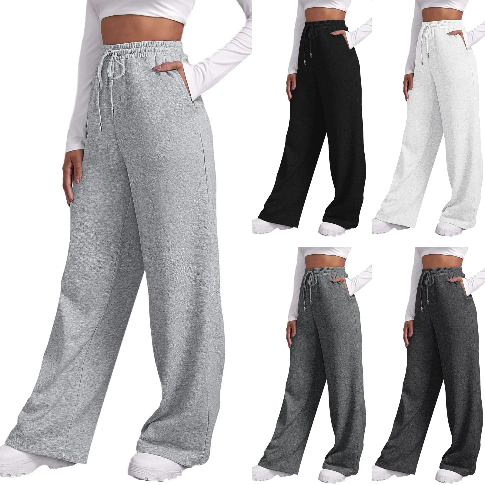 Women’s Drawstring Sweatpants Wide Straight Leg Pants Solid Color Sweatpants Casual Pants For Women 2024 Spring Emale Clothes