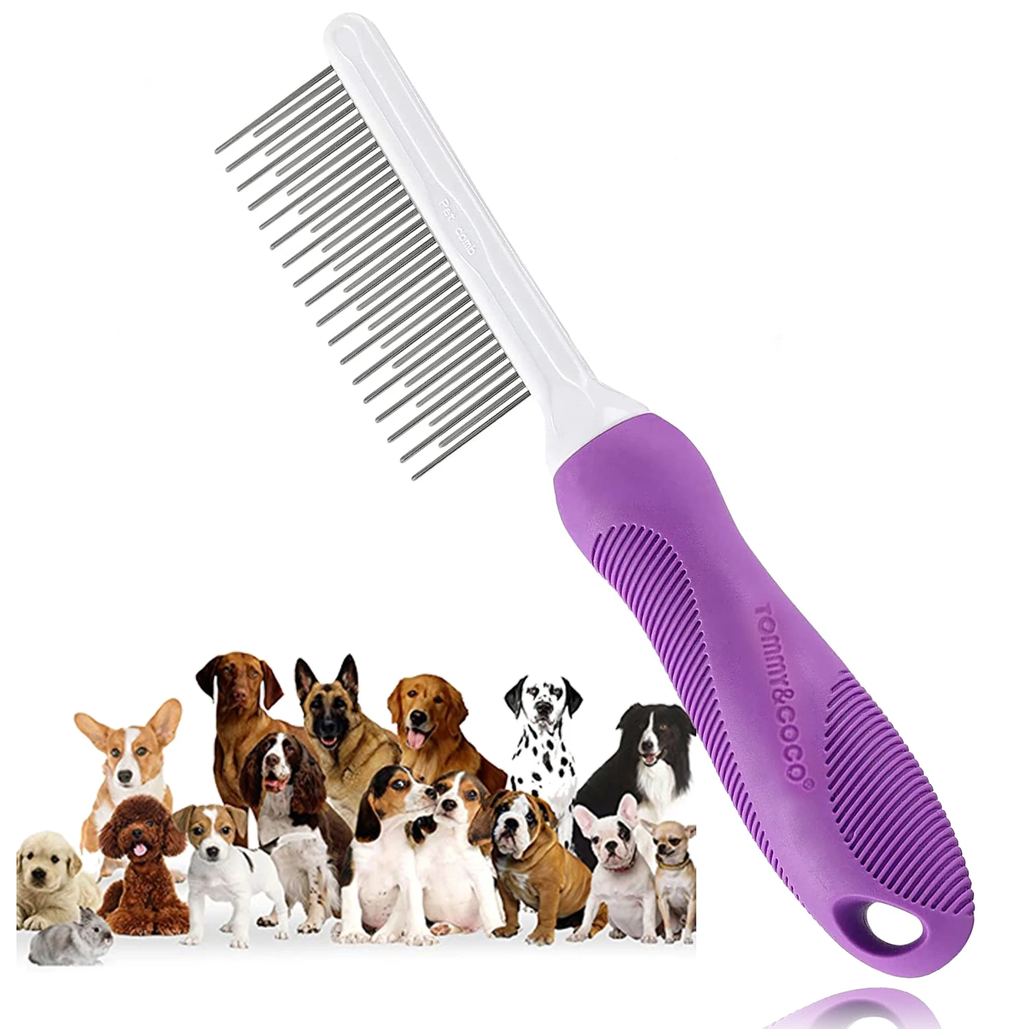 Purple Pet Comb for Dogs & Cats with Long and Short Stainless Steel Metal Teeth for Removes Tangles and Knots