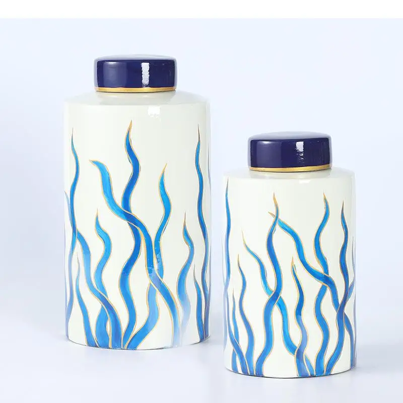 Blue Seaweed Painted Ceramic Jar Gilded Porcelain Bottle Storage Jars with Lids Modern Tea Caddy Candy Pots Cereal Dispenser