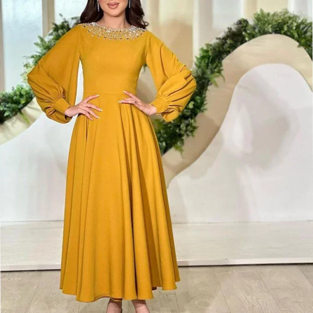 Sukienki wieczorowe Klasyczny dżersej Plisowana Sukienka Midi w kształcie litery A z dekoltem typu scoop Ozdobiona cyrkoniami Wykwintne, wysokiej jakości suknie na przyjęcia Damskie Sukienki szyte na miarę