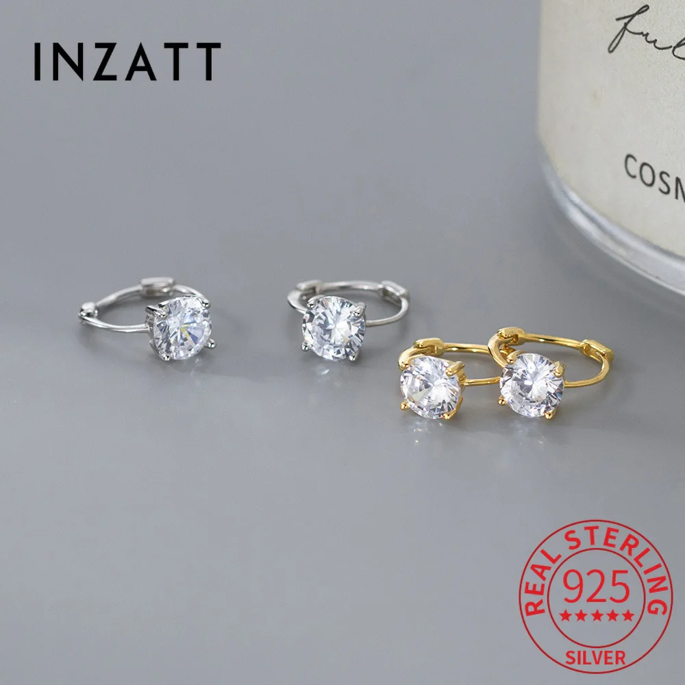 

INZATT Real 925 Sterling Silver Zircon Round Hoop Earrings For Women Classic Fine Jewelry Light luxury Geometric Accessories
