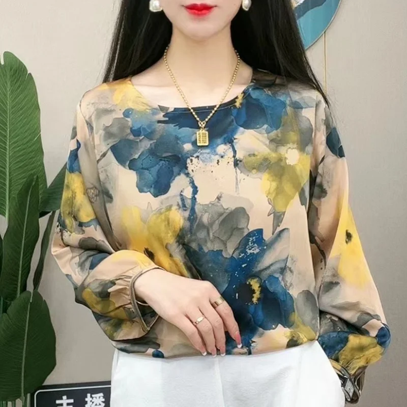 Autumn and Winter Aesthetic Commuter Shirt Vintage Women Elegant Trendy Print Round Collar Long Sleeve Loose Casual Chiffon Top