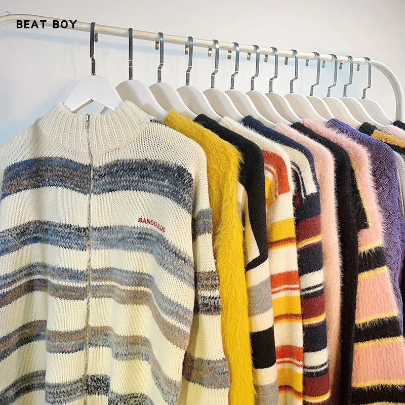 

Осенне-зимний свитер Dopane с мультяшным принтом и полосками, свободный вязаный топ в американском стиле для женщин, повседневный, удобный, на флисовой подкладке