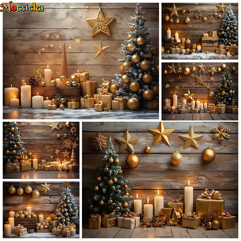 

Christmas Tree Backdrop Photography Baby Shooting Props Golden Ball Star Gifts Candle Wood Wall Background Decorations Photozone