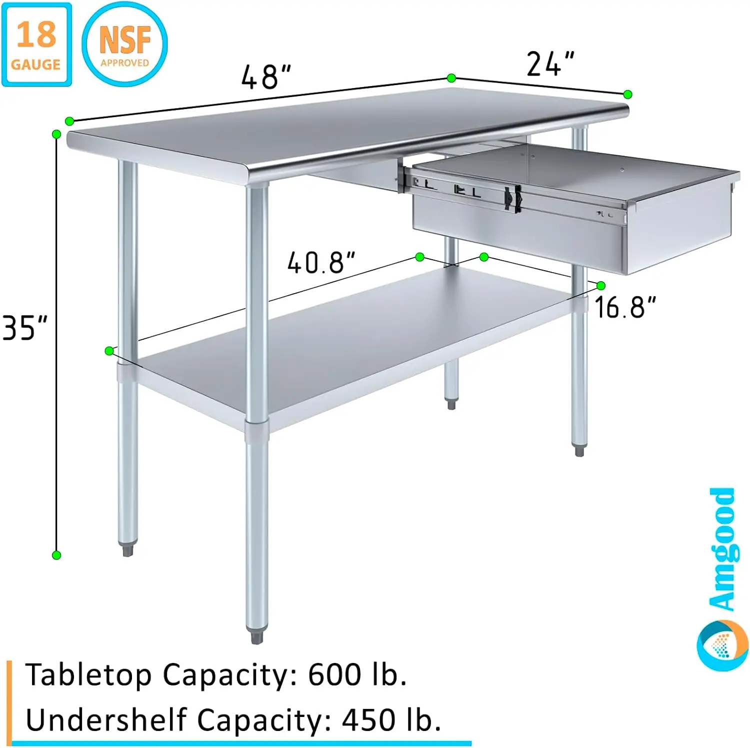 Table de préparation en métal NSF, Table en acier inoxydable avec MEL| Banc utilitaire de garage de blanchisserie de cuisine commerciale et résidentielle