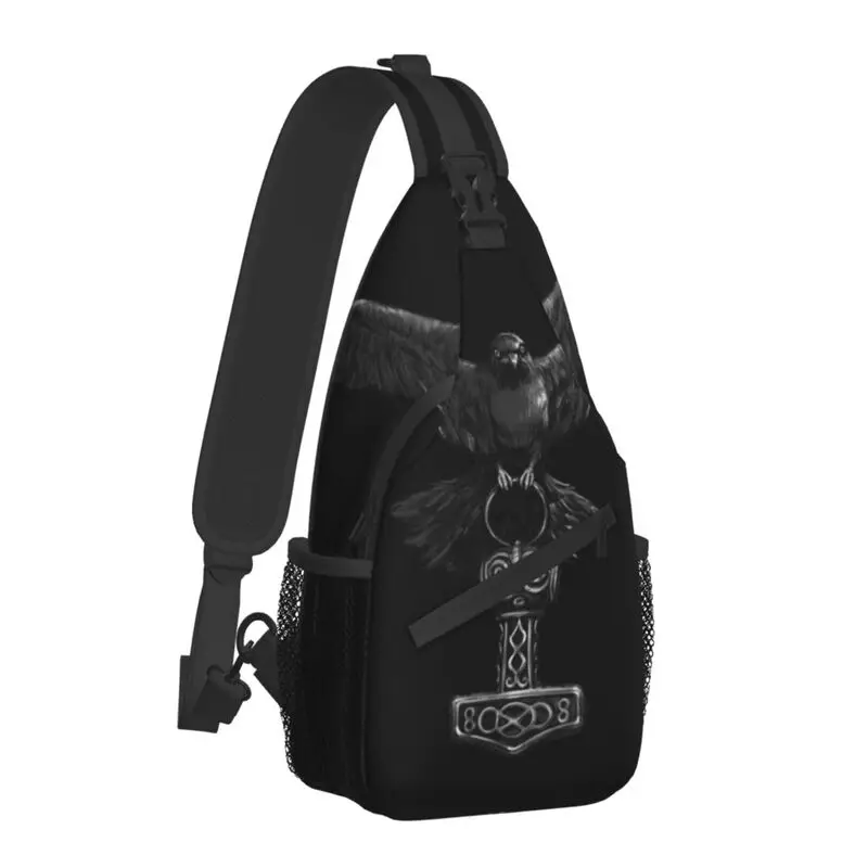 Vikings Odin Raven With Thor Mjolnir Hammer Sling Bags for Men Norse Odin God Shoulder Chest Crossbody Backpack Camping Daypack