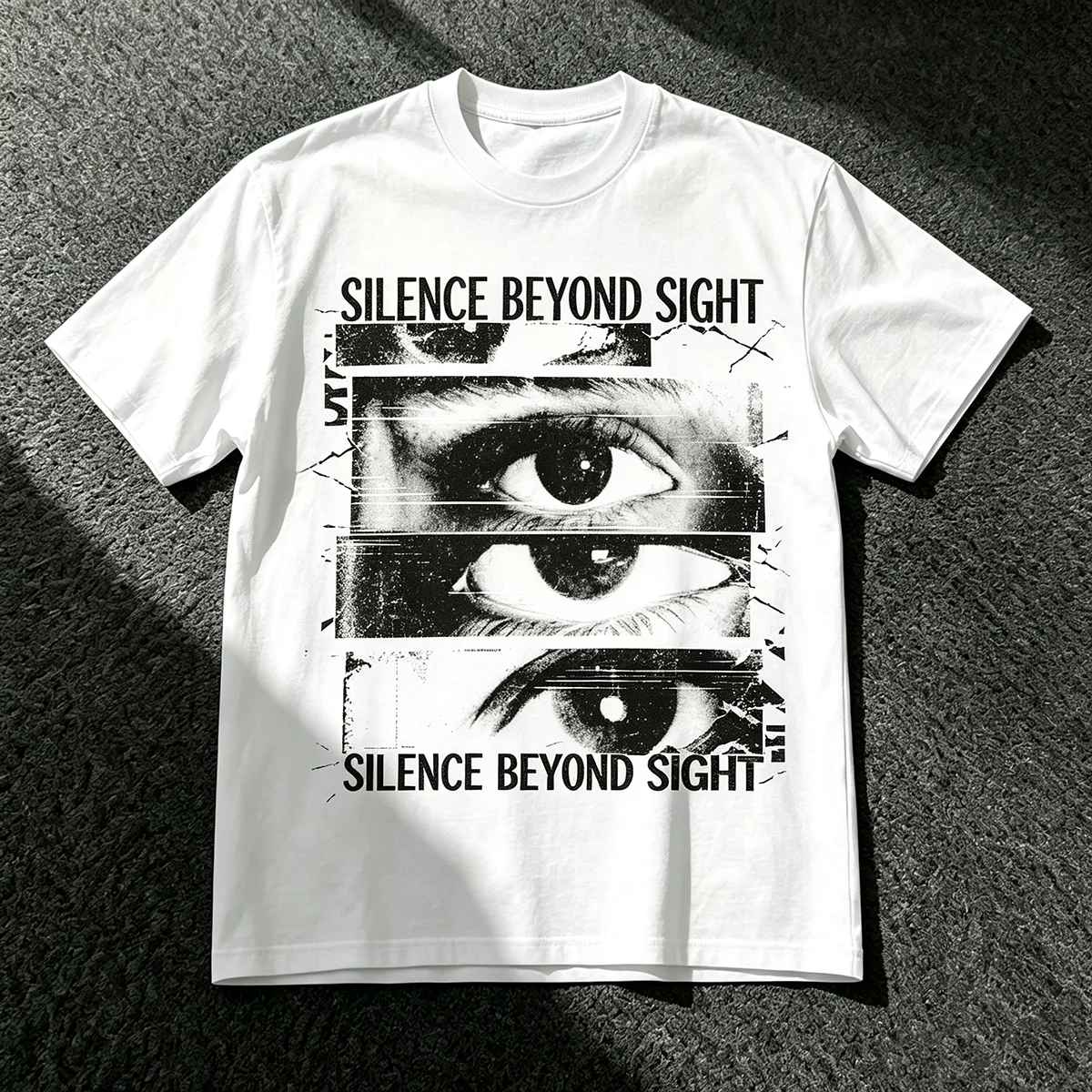 Silence Beyond Sight T‑Shirt Collage Eyes Grunge Dark Punk Glitch Poster Graphic Y2K Alternative Streetwear Unisex Cotton Short Sleeve Tops for Men Women