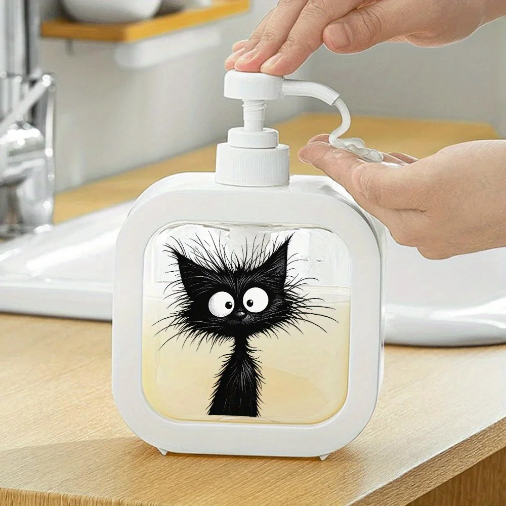 Cartoon Black Cat Print Refillable Soap Dispenser, Transparent Pump Hand Lotion Bottle For Bathroom Kitchen