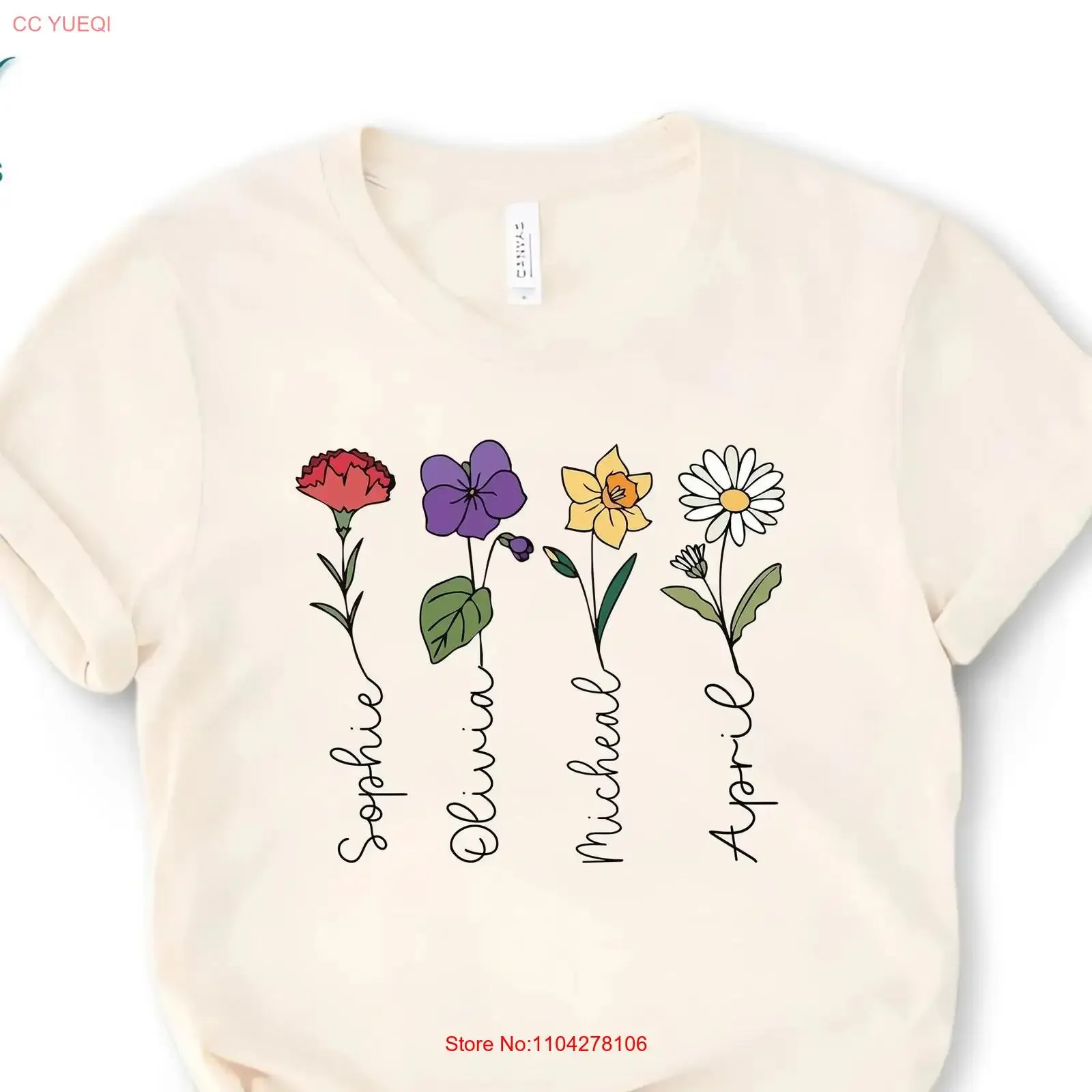 Custom Birth Flower T Shirt Personalized Month Floral Name for Mom Birthday vintage Washed streetwear Top For Everyday Wear