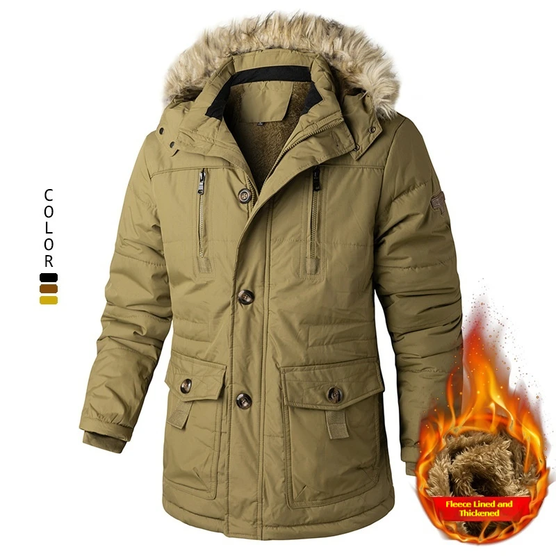 

Mens Winter Plush Thickened Cotton Jacket Luxury Windproof Warm Coat Outdoor Sports Parka Heavy Duty Top Quality Leisure Wear