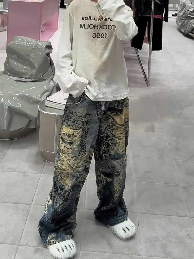 بنطلون جينز أمريكي عالي الشارع جديد ذو فتحة كبيرة مصبوغ قذرًا للسيدات Y2K Harajuku Punk سروال سبايس جيرل مطبوع عليه ألوان ممتد