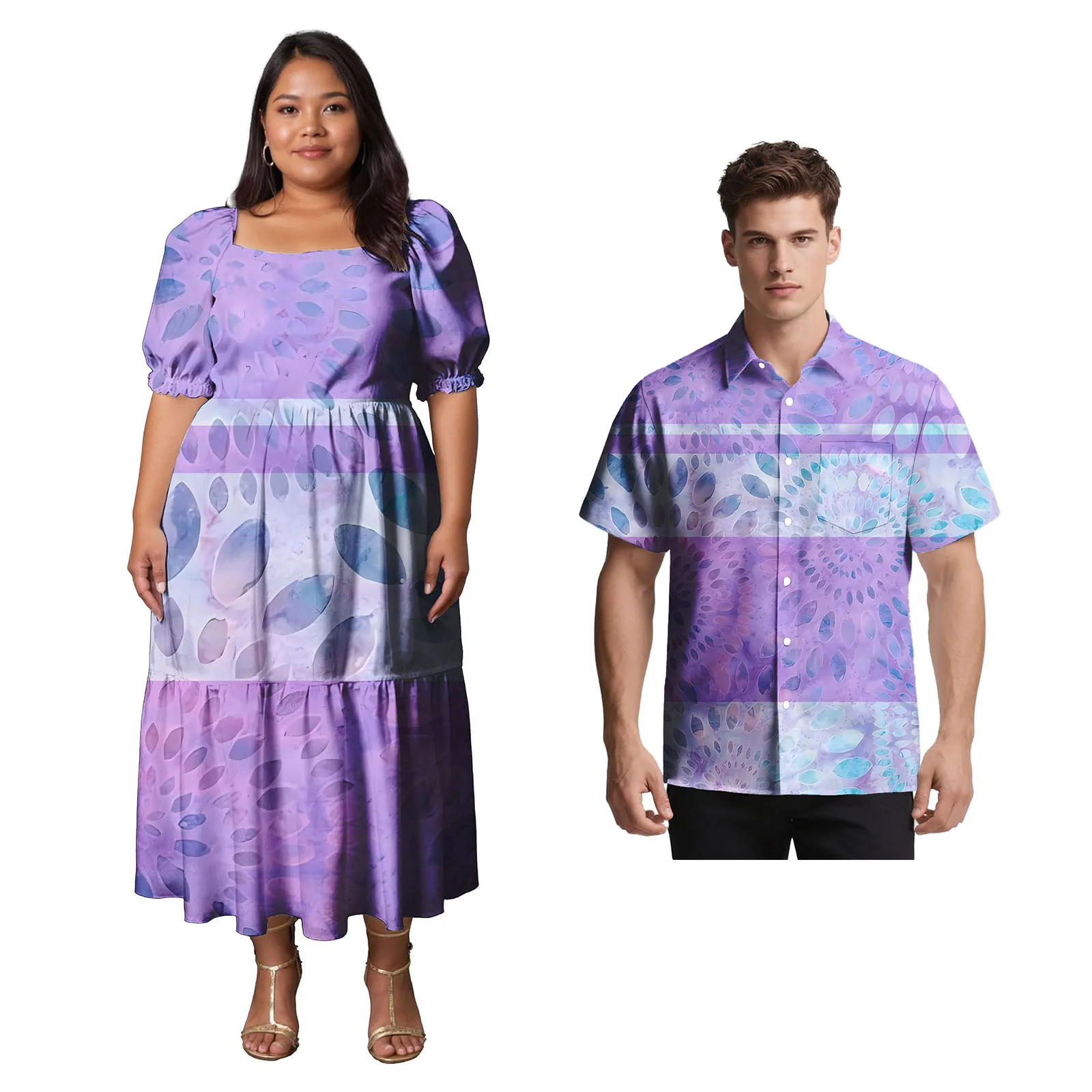 

Комплект одежды унисекс с индивидуальным логотипом, мужская повседневная рубашка Aloha, женское элегантное платье Самоан, полинезийское платье больших размеров, комплект для пары