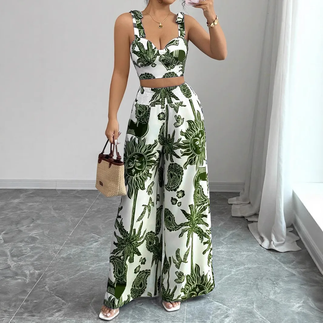 Women's Two-piece Set Summer New Casual Suit Sexy Suspender Short Navel Top Fashion Print Loose Wide-leg Pants 2-piece Set Women