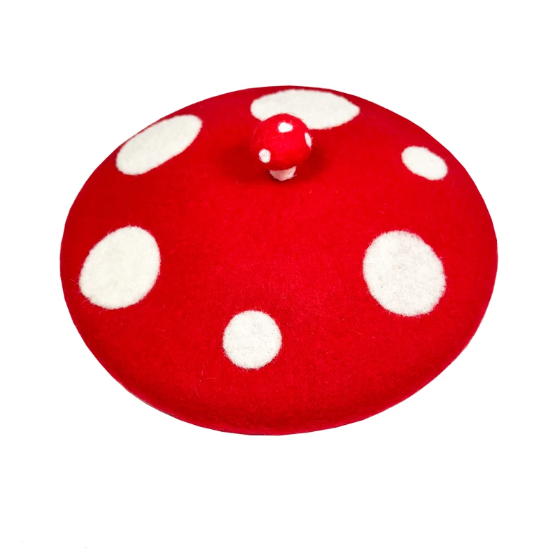 RH Female Cute Red White Mushrooms Design Handmade Girls Painter Hat Autumn Winter Bud Ladies Warm Beret Caps