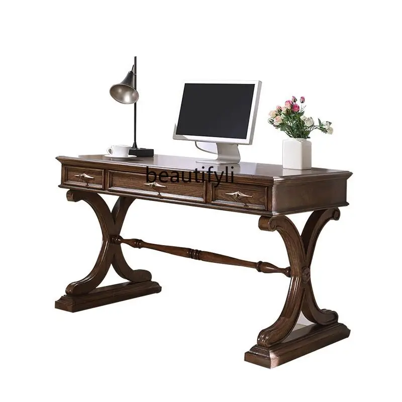 

American simple solid wood retro desk European carved home desk modern computer desk study