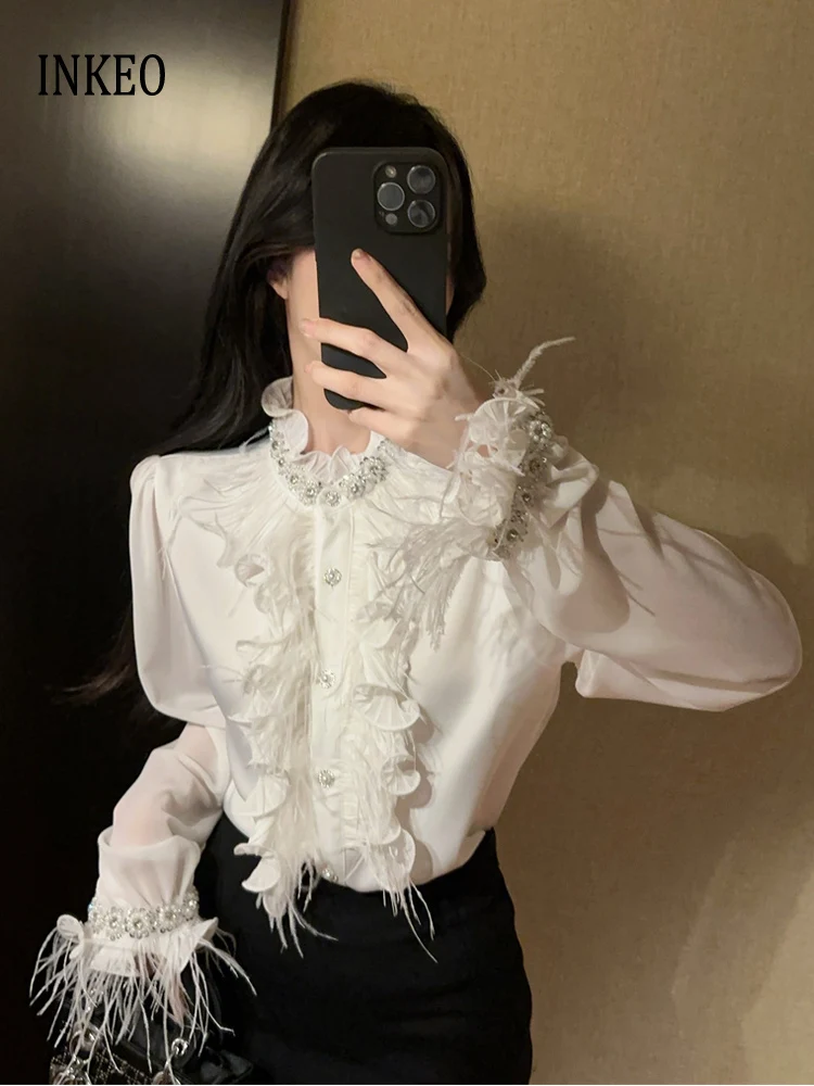 

Luxury Rhinestone feather blouse for women Spring Summer White Long sleeve ruffled collar shirt Chiffon tops 2025 INKEO 5T009