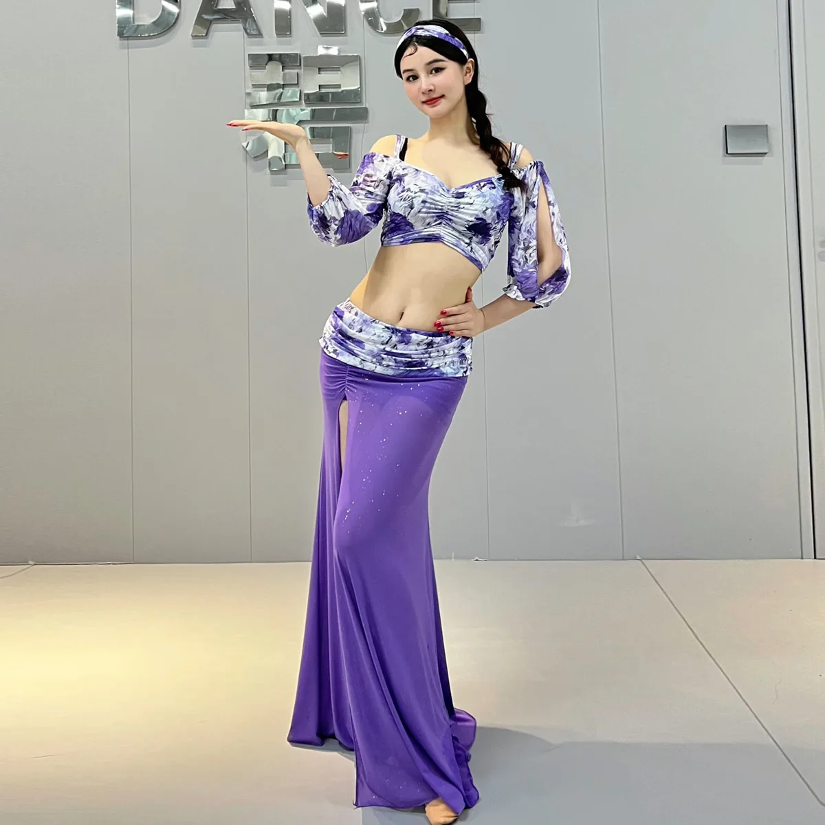 

Summer Hot Sale Hight Quality Women Girls Practice Costume Printed Gauze Sexy Slim Belly Dance Set