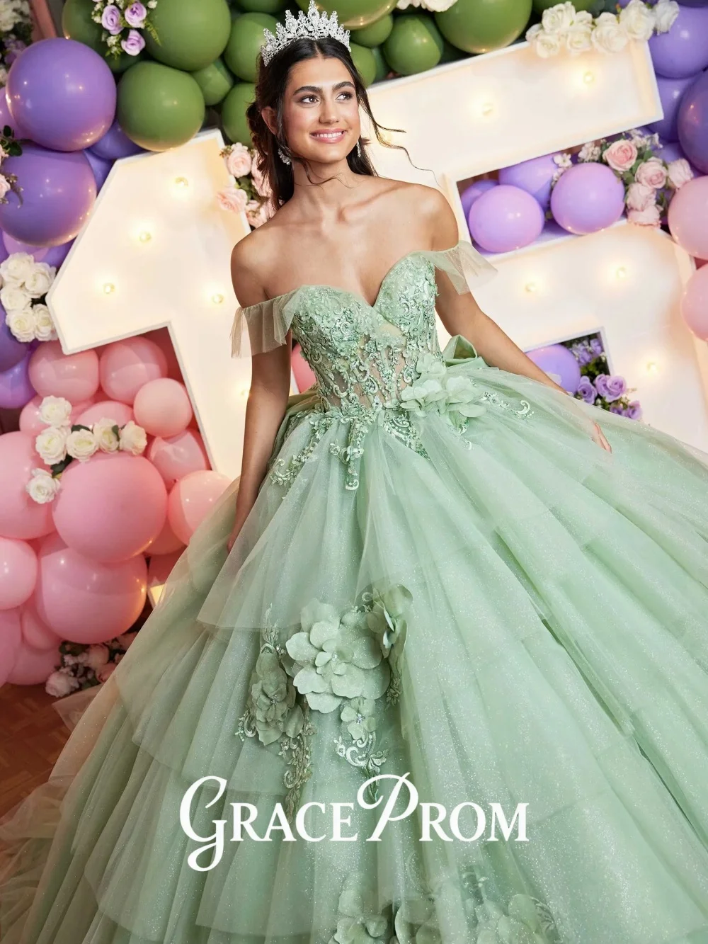 

Elegant Ruffle Sleeve Puffy Flower Quinceanera Dresses Off Shoulder Beading Stretchy Corset Glitter Tulle Vestidos De 15 Anos