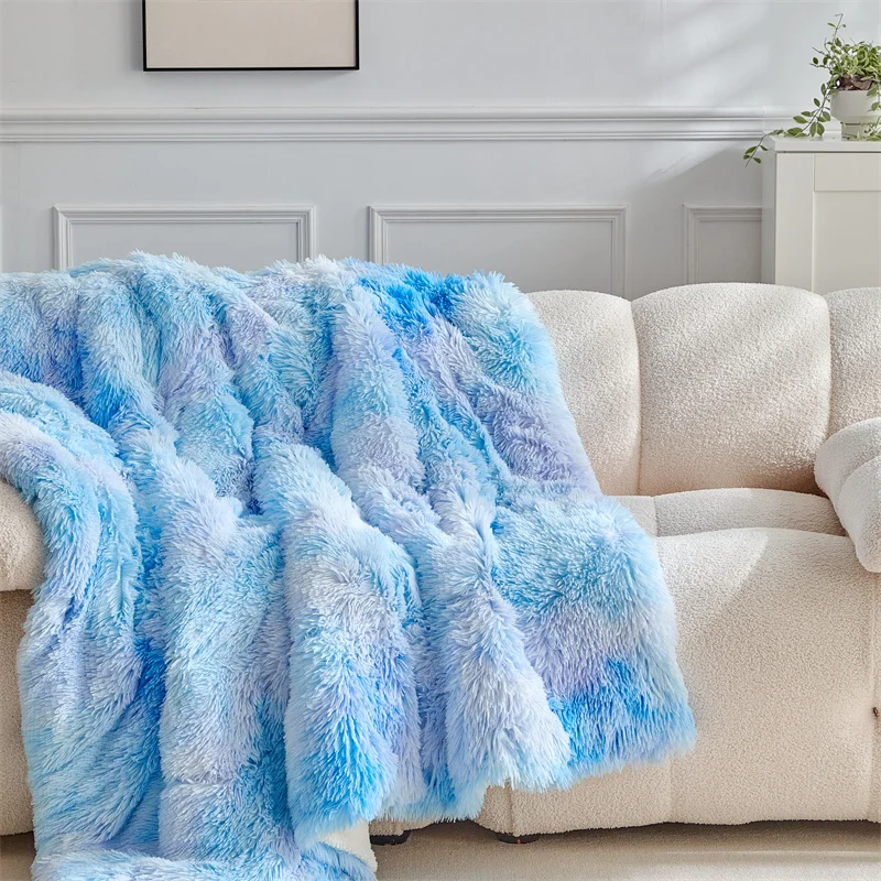 Long Hair Colorful Blur Throw Blankets Mink Hair+Imitation Lamb Cashmere AB Side, Thicken Warm Home Bed Cover Single Queen Size