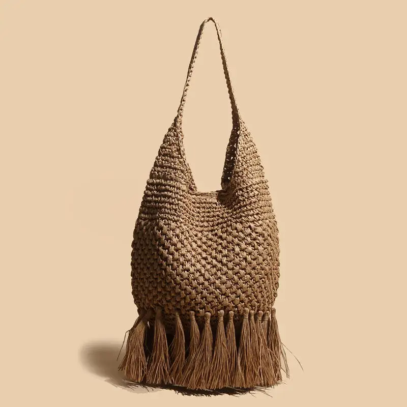 

Fashionable Tassel Straw Woven Bag, Handmade Rattan Woven Shoulder Bag, New Simple And Fashionable Casual Beach Bag For Women