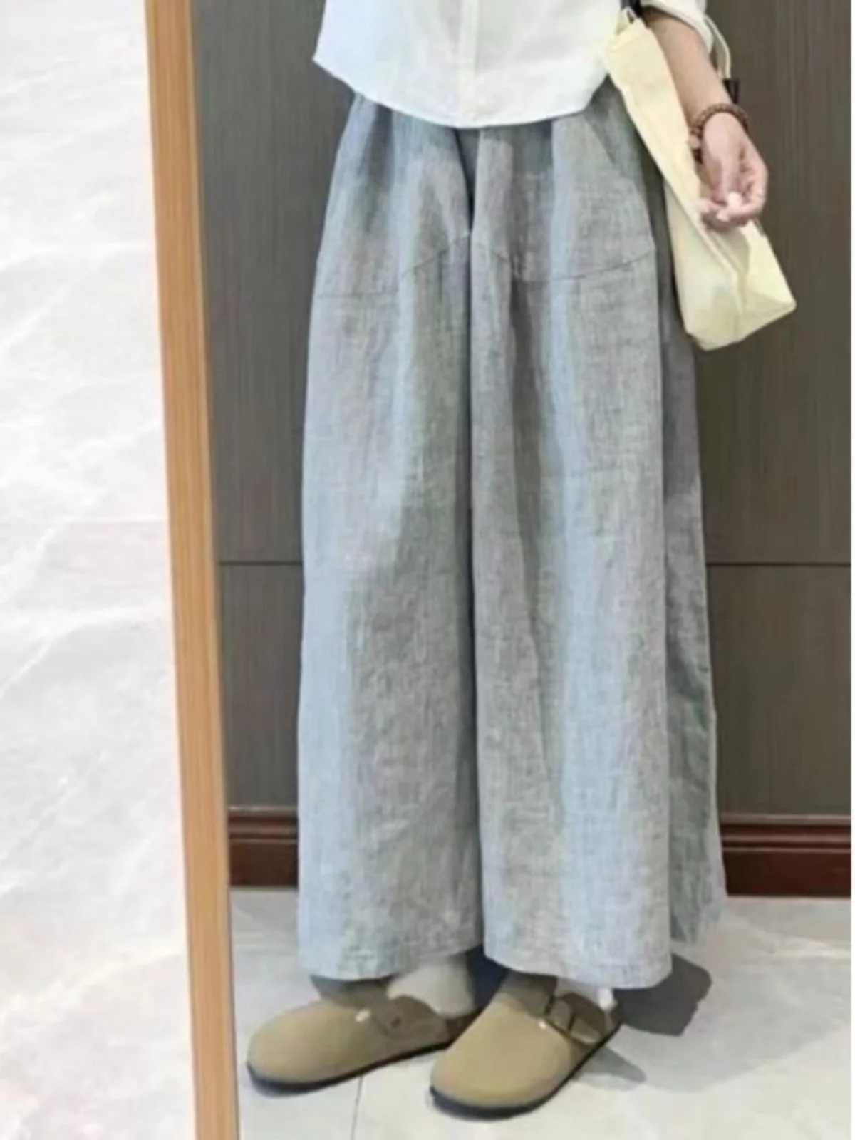Grey Linen Casual Wide Leg Pants Women Summer New High Waist Slim Loose Straight Cut Nine Points Skirt Pants Cotton Linen
