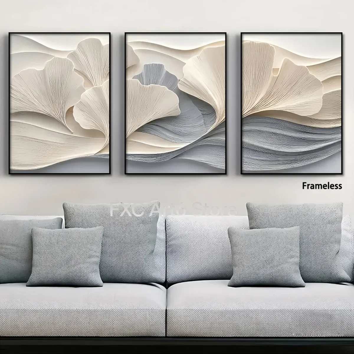 3pcs frameless -2D Flat,,  Luxury 3D Ginkgo Leaf Wall Art, Modern Textured Wavy Botanical Design 2D Print