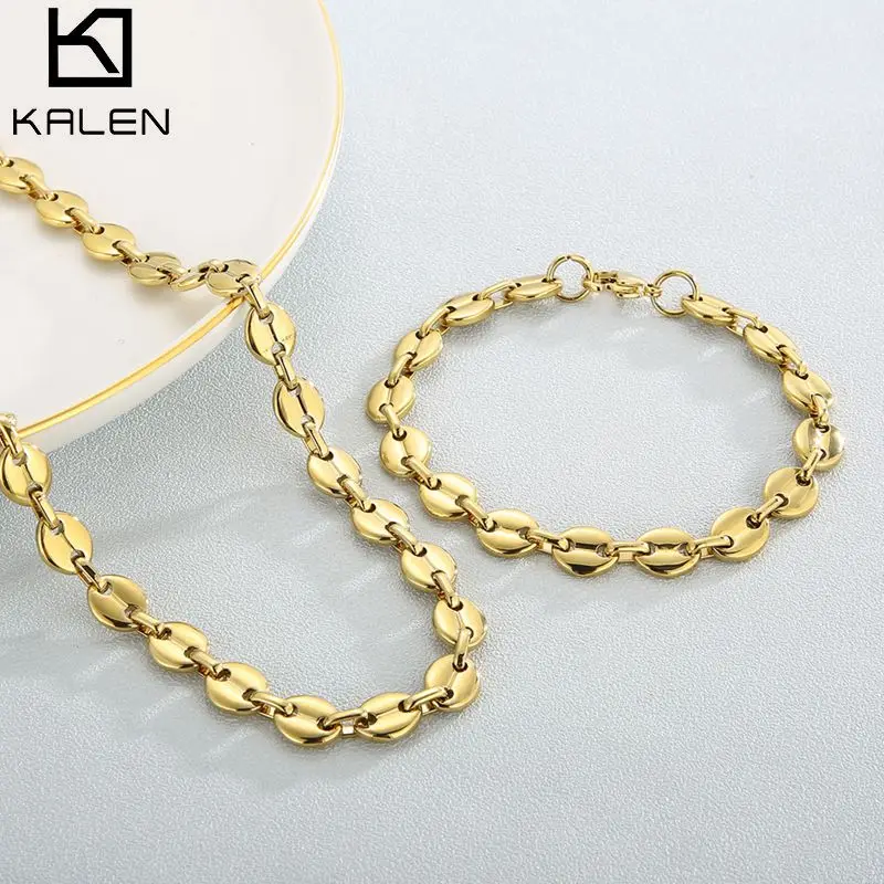 KALEN Coffee Bean Chains Necklaces Stainless Steel Bracelets Gold Color Stainless Steel Jewelry Sets For Women Statement Jewelry
