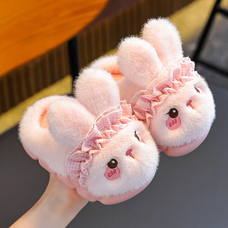 Kids Cartoon Rabbit Plush Slippers Girls Winter Warm Fluffy Indoor Soft Fleece Lined Cute Animal Children Slippers 3-12 Years