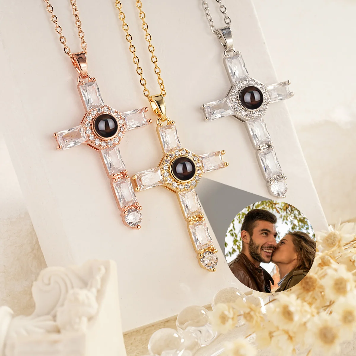 

DHQH Custom Cross Necklace With Picture Inside Picture Necklace Personalized Photo Projection Necklace Gifts for Couples/Lovers